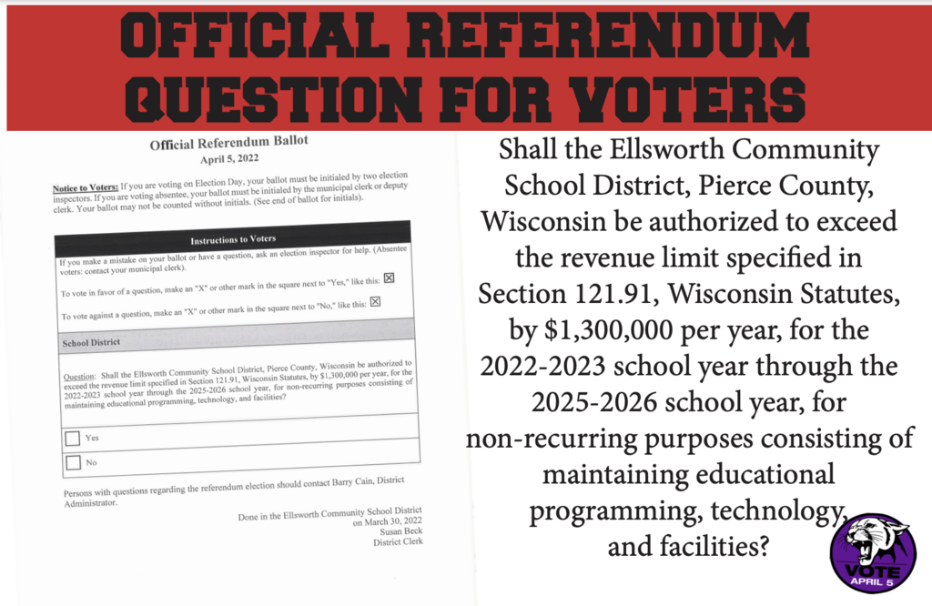 OFFICIAL REFERENDUM QUESTION FOR VOTERS Shall the Ellsworth Community School District, Pierce County, Wisconsin be authorized to exceed the revenue limit specified in Section 121.91, Wisconsin Statutes, by $1,300,000 per year, for the 2022-2023 school year through the 2025-2026 school year, for non-recurring purposes consisting of maintaining educational programming, technology, and facilities?