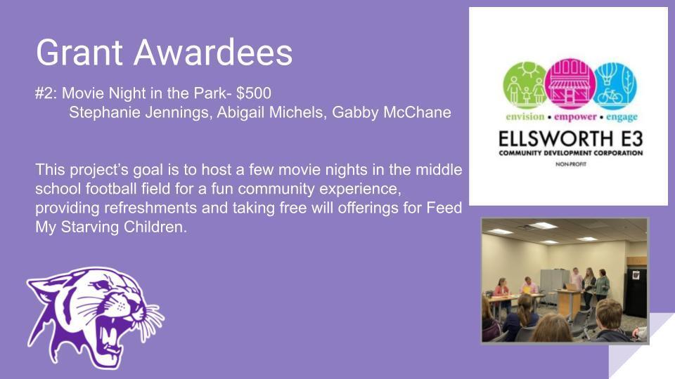 #2: Movie Night in the Park- $500 	Stephanie Jennings, Abigail Michels, Gabby McChane   This project’s goal is to host a few movie nights in the middle school football field for a fun community experience, providing refreshments and taking free will offerings for Feed My Starving Children.