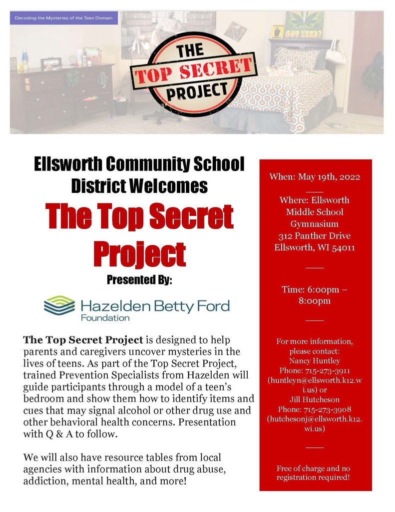 As part of our health education and substance use prevention efforts, we have invited specialists from within the Hazelden Betty Ford Foundation to our district to share up-to-date alcohol, nicotine, and other drug information to parents and community members. We hope that you will join us!