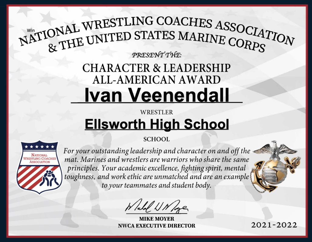 The NWCA announced the 2022 Marine Corps Recruiting High School All-America Teams today. Congratulations to Ivan Veenendall for receiving the Character & Leadership All-American Award. 