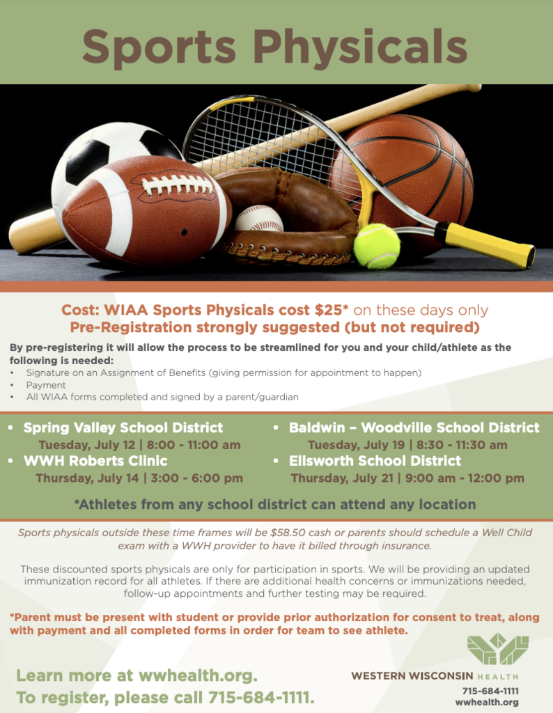 Information regarding sports physicals. https://www.wwhealth.org/event/ellsworth-sports-physicals2022/ **Parents if you are not attending with your student ALL forms need to be signed prior to their physical.