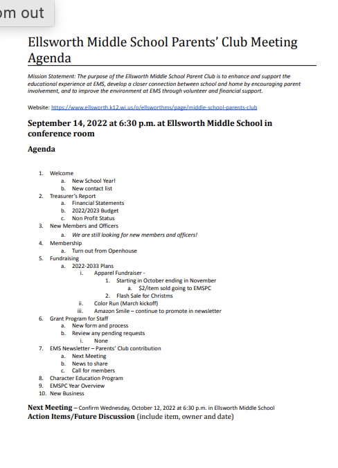 Ellsworth Middle School Parents' Club will be meeting in person on Wednesday, September 14th at 6:30 p.m. at the Ellsworth Middle School in the conference room, by the lunch room. Attached is our agenda. Please bring a copy if you would like, we will have limited copies available.