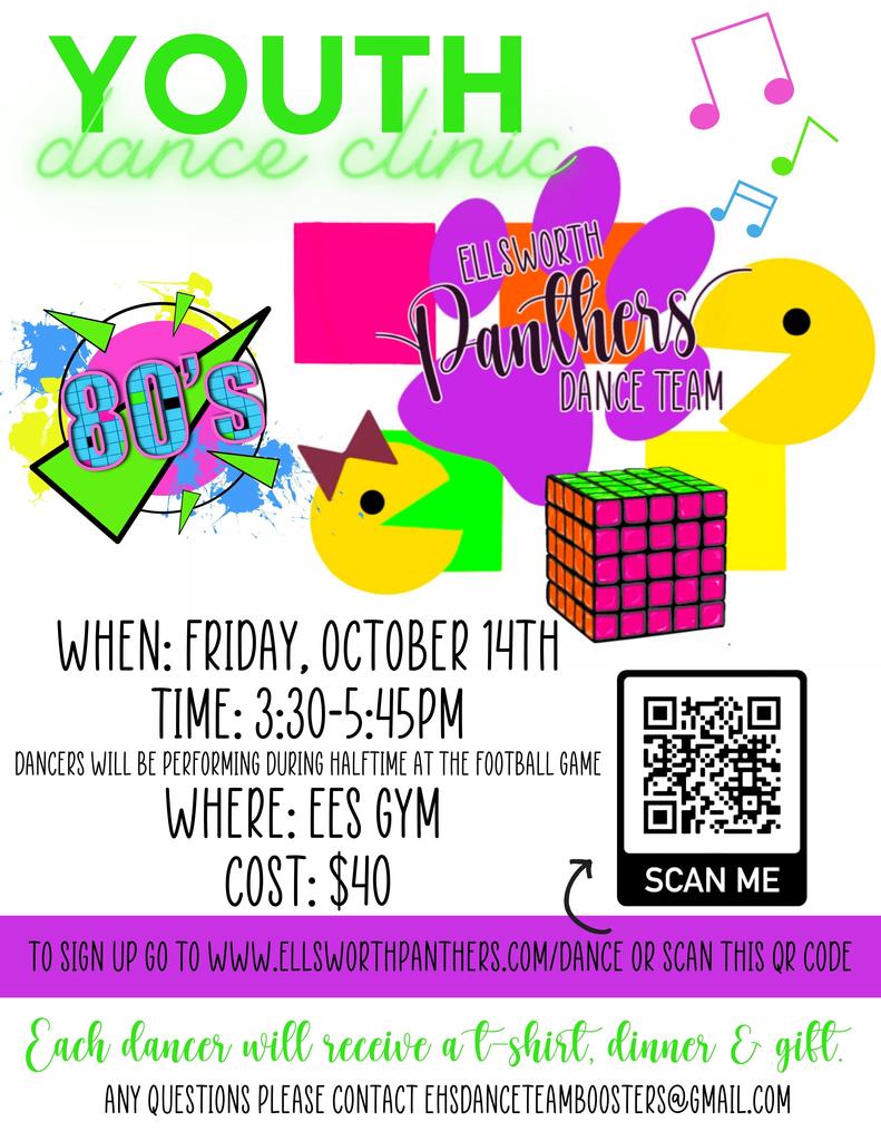 Registration is open for our October 14th Youth Dance Clinic.   Dancers will be performing during halftime at the football game that evening. https://www.ellsworthpanthers.com/dance