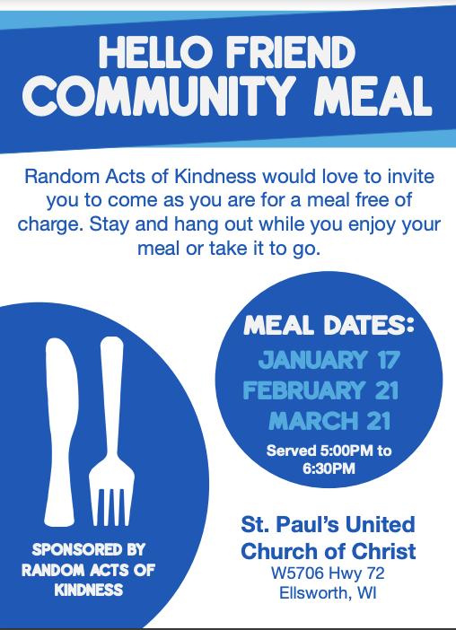 Random Acts of Kindness would love to invite you to come as you are for a meal free of charge. Stay and hang out while you enjoy your  meal or take it to go.