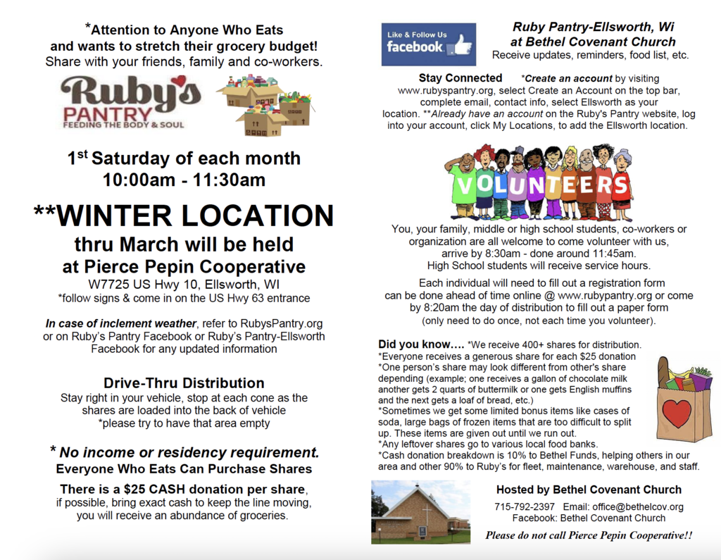 Ruby's Pantry next drive through food distribution is Saturday Feb.4 at Pierce Pepin Co-op located at the corner of Rt 63 and Rt 10 in Ellsworth,Wi 10am-11:30 ( or until we run out of shares) Donation of $25 cash ( no checks,no credit or debit cards) per food share.We do not do advance sales.