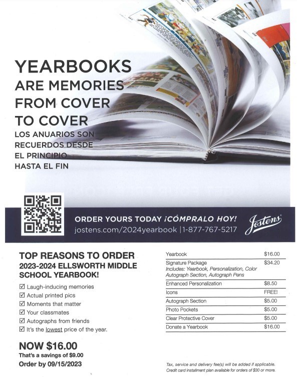 Order your yearbook at  www.jostens.com/2024yearbook  Check out the Flier here: YEARBOOKS here  Order them by September 15th for $16 each!!  Price increases to $25 after that date.  Click the link above!